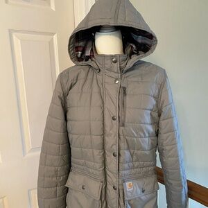 Carhartt Women’s Small 4/6 Amoret Puffer Style Gray Hooded Long Coat Good Cond